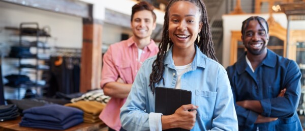 Smiling retail team in clothing store