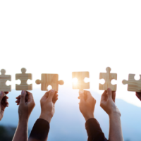 Hands are raised against a bright, white sky, each holding a piece of a wooden jigsaw puzzle